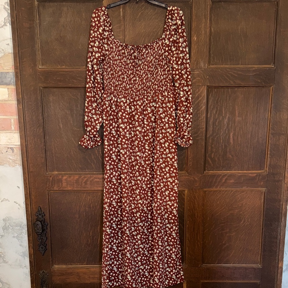 Smocked Square-Neck Maxi Dress in Rust Floral
